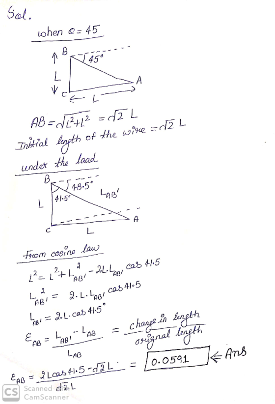 Sol. when 0 = 45 MBAJ 450 LL اے ۷ AB=d[2+12 = NEL Initial length of the wire - 42 L under the laad 41.50 LABI cL ABO from eas