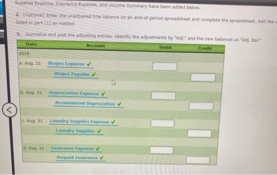 Supplies Expense, Insurance Expense, and Income Summary have been added below. 2. (Optional) Enter the unadjusted trial balan