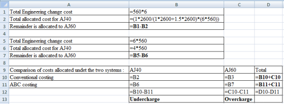 А 1 Total Engineering change cost 2 Total allocated cost for AJ40 3 Remainder is allocated to A360 B =560*6 =(1*2600/(1*2600+