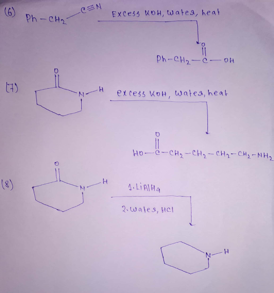 (6) Ph-CH2 Exce35 июн, waFes, hea} -CHOCZN Ph-CH₂- Ć - OH 11) -H excess koh, wated, heat Ho-&-CH₂ - CH₂ - CH₂ - CH₂ -NH₂ H 1.