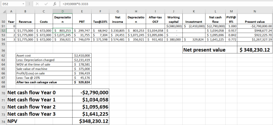 D52 N - X Fax =2410000*0.3333 A B C D E F G H I Depreciatio Net Depreciatio After-tax 50 Year Revenue Costs PBT Tax@23% incom