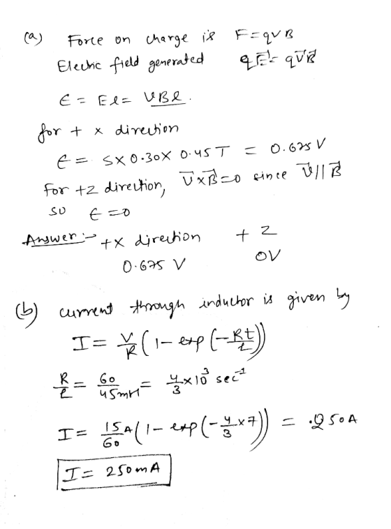 Forte on charge i* F=qv . Eleche field generated E E VBe or +x dinrution O.62 V E = sxo.30x 045 T For tz direthor, UxB-o cint