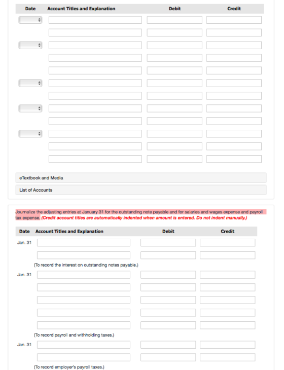 Account Titles and Explanation Date Debit Credit eTextbook and Media List of Accounts Journalize the adjusting entries at Jan