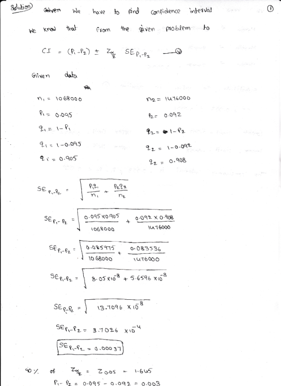 Istution Given We have to find confidence interval We know that from the given problem to pa r te CI - (P, ~Px) + Zone SE pip