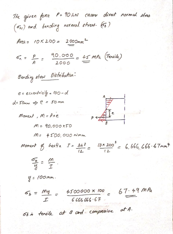 cawy direct normal stres The given force P = 90 kn (sw) and bending normal stres. 6) Area = 10 X 200 - 2000MM on = Р A 90,000