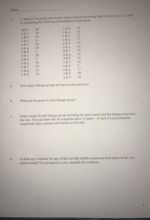 Name: A series of two-point test-crosses where carried out among eight loci (a,b,c,d,ef.g and h), producing the following rec