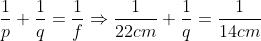 \frac{1}{p}+\frac{1}{q}=\frac{1}{f} \Rightarrow \frac{1}{22cm}+\frac{1}{q}=\frac{1}{14cm}