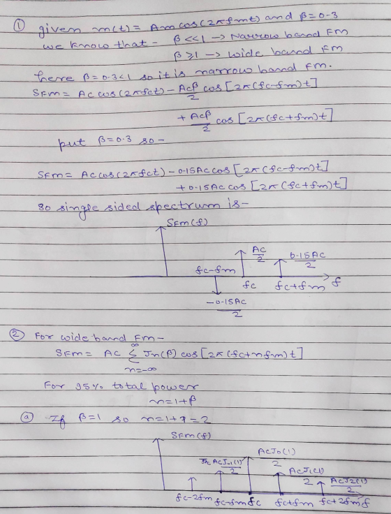 given mit)= Am cos Caafmt) and ß=0-3 we know that - ß <«L- Narrow band Fm ß>1-) wide baund im here ß=0-341 so it is narrow ba