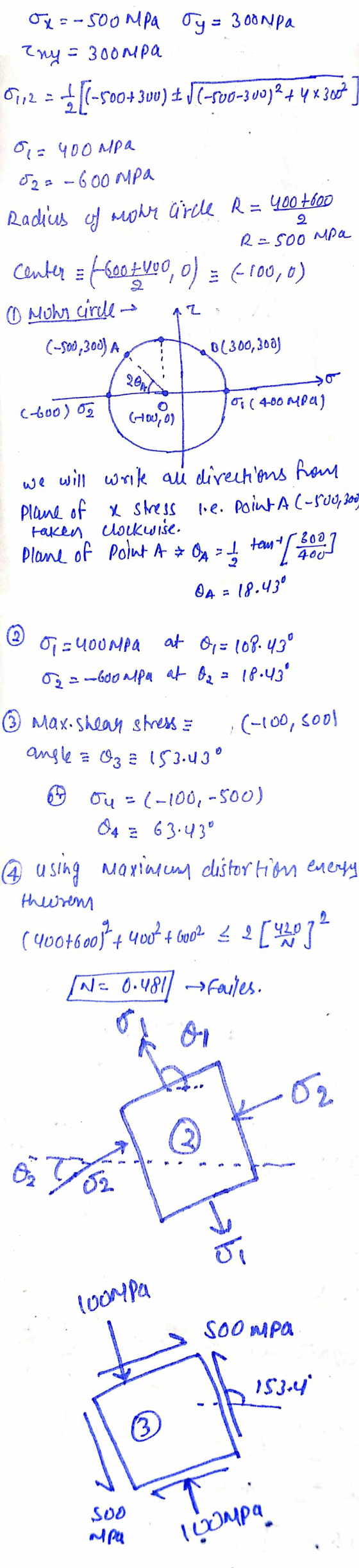 Ox=-500 MPa dy = 3oonpa eny = 300mpa 0112 = 47-500+300) = M(-500-300)2 + 4x 3004 o= 400MPa 02a-600 mpa Radius of seohy ürile
