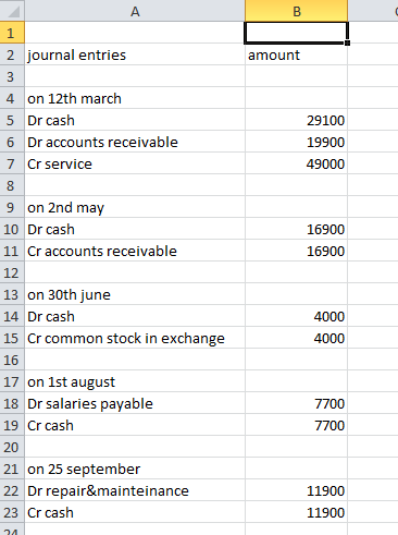 B amount A 1 2 journal entries 3 4 on 12th march 5 Dr cash 6 Dr accounts receivable 7 Cr service 8 9 on 2nd may 10 Dr cash 11