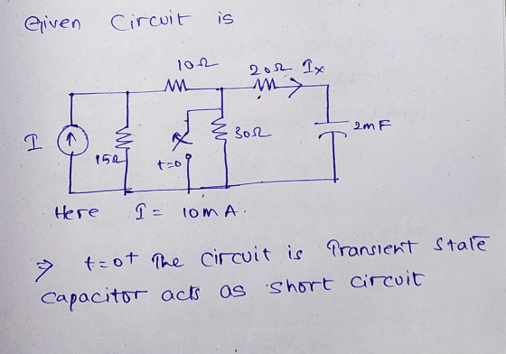Given Circuit is 100 gor Ix My my M F { I @ sore 302 Here I = 10m A. 7 taot the circuit is Capacitor acts as short Transient
