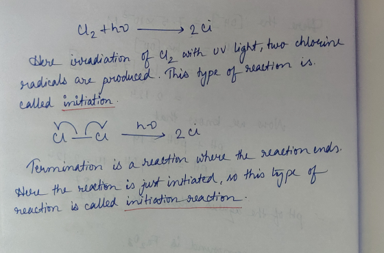 a tho cito Here irradiation of h, with UV light, two chlorine radicals are produced. This type of reaction is. called initiat