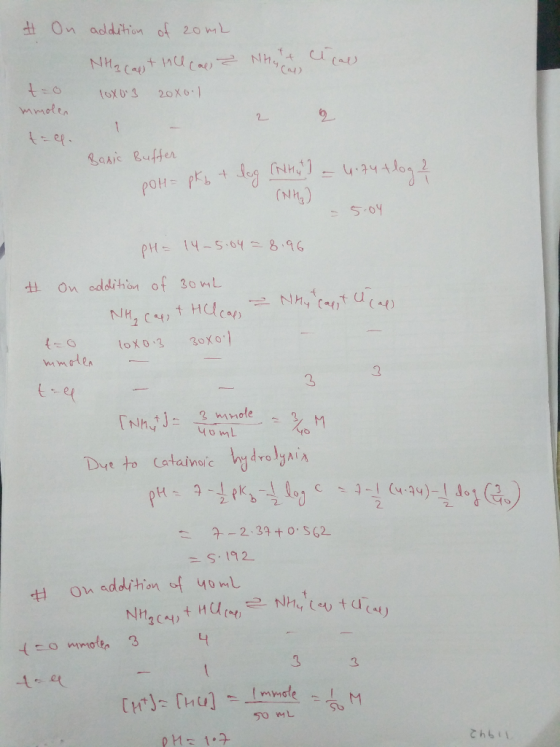 # On addition of 2002 NHg capt till cae & NHght cu can 10x03 20x0 l mmolen Basic Buffer polt= pkb + log (NH) = 4.74 +log 2 =