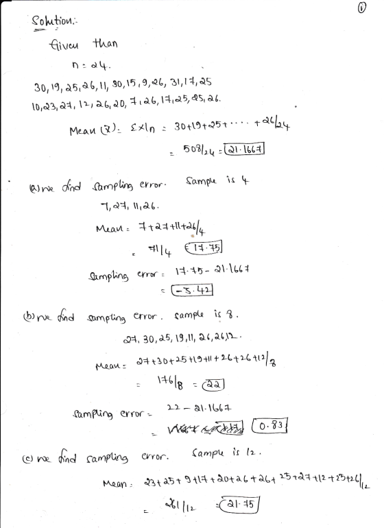 0 Solution Given than n. 24. 30,19,25,26,11, 30,15,9,26, 31,17,25 10,23,27,12,26,20,7126,17,25,25,26. 21/24 Mean (2) Exln :30