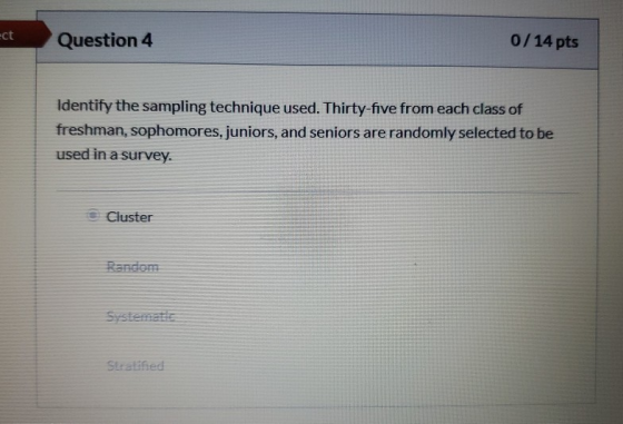 Question 4 0/14 pts Identify the sampling technique used. Thirty-five from each class of freshman, sophomores, juniors, and s