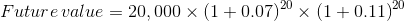 Future\, value=20,000\times \left ( 1+0.07 \right )^{20}\times \left ( 1+0.11 \right )^{20}