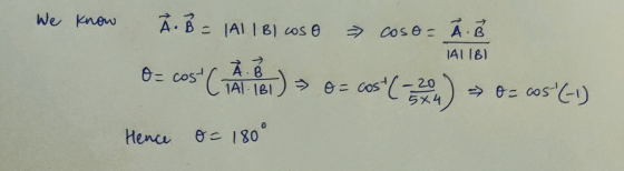 We know A. B = |AL|BI cose cose= Ã. B O= cost ( 4 ) o= cost (-20) = 0 = cos(-1) AIIBI Hence o= 180°