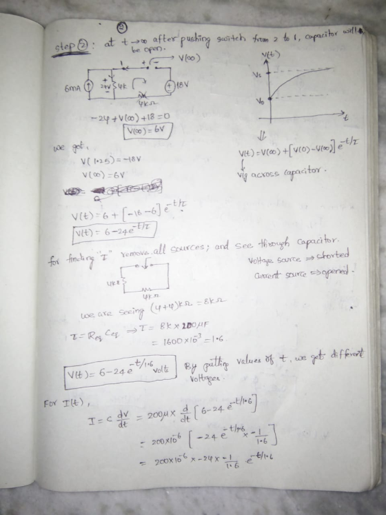 step at t o after pushing switch from 2 to 1, capacitor wille be open. Net) Vs + --- oma Q v ok a Dior Vo ke -24 +V100) +18 =