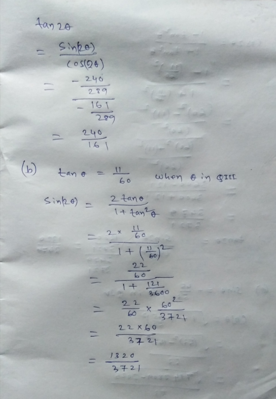 tanao - Sinko) COS(20) - 240 289 161 289 240 161 - 165 tano = when o in QIEL Sino) - 2 tano It zanza 2x 11o 3600 - 3721 22 x