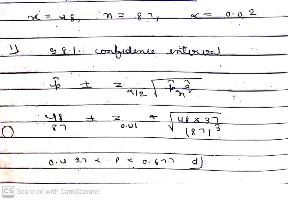 xi= us, n = 8z, 0:02 g8.1. confidence interval To a12 z 닝복 0.01 VIX 3) 3 (87) oiu 97 0:67.7 d. CS Scanned with CamScanner