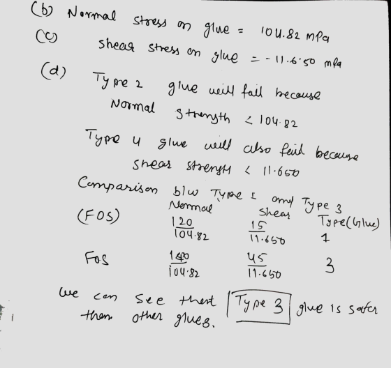 (6) Normal stress on glue 104.82 mpa shear stress en glue =-11.6.50 mla Co (d) 2 Type 2 glue will fail because Normal strengt