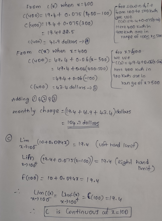 twe use from c6 when x=400 for secondi.e C(400) = 19.4+ 0.075 (200-100) from 100 to 500kwh c(100) = 19.4 + 0.075 (300) CC^2=9