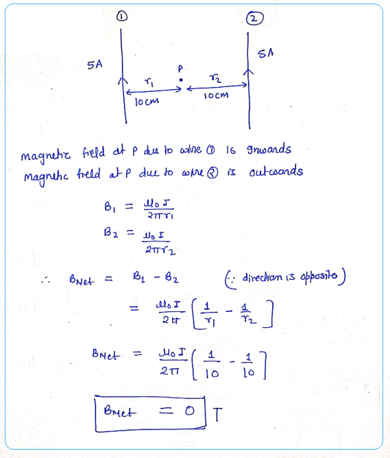 SA 5A 10 cm Посм magnetic field at P due to wine magnetic field at p due to wire is is gnwards outwards = lo I शा B2 = No I -