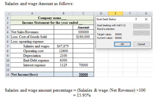 Salaries and wage Amount as follows: F G D E Goal Seek Status Step Pause BC Company name 2 Income Statement for the year ende