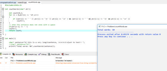 LexiographicalSort.cpp indexOf.cpp countWords.cpp 1 #include<stdio.h> 3 int countWords (char* ptr){ am 5 int count=0,i; for (