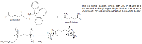 This is a Wittig Reaction. Where, both CH2-P- attacks as a Nu- on each carbonyl to give Hepta-16-dine. Just to make understan