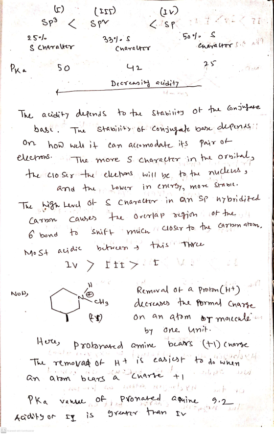 sp3 < spr 25 Pka Most acidic (159) (IV) < sp. 250). 33).S : 50% s s character Character Characror sie all 50 42 Decreasing ac