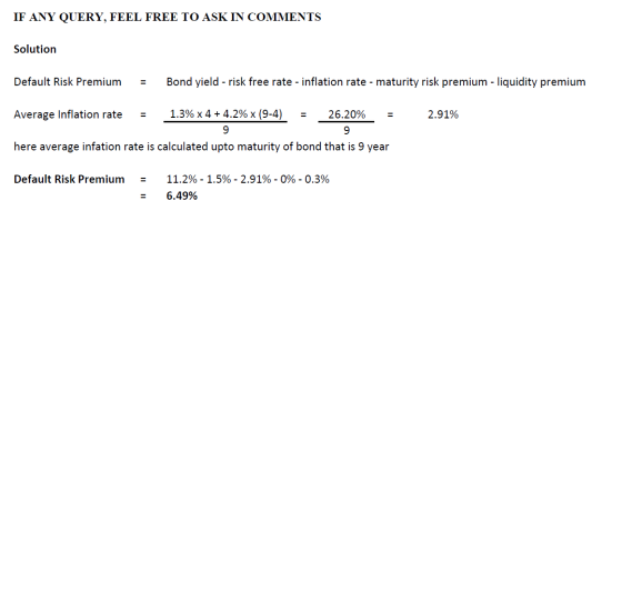 IF ANY QUERY, FEEL FREE TO ASK IN COMMENTS Solution Default Risk Premium = Bond yield - risk free rate - inflation rate - mat