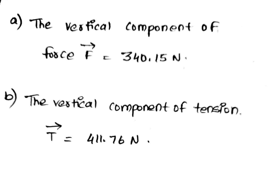 a) The vertical component of force F = 340.15 N. b) The vertical component of tension, T= 411.76 N.