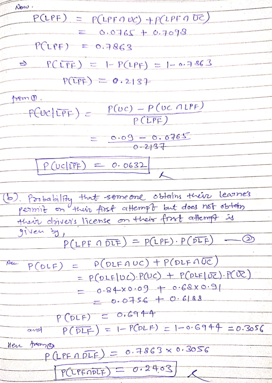 Now P(LPF) = P(LPFOLC) + P(LPFO UC) 0,0768 to 0.7098 POLPF) 0.7863 863 PCLTE) - |- P(LPF) P(LPA) = 0.2137 form ( peve PF) P(u