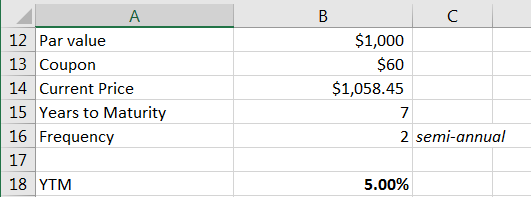 $1,000 $60 $1,058.45 А 12 Par value 13 Coupon 14 Current Price 15 Years to Maturity 16 Frequency 17 18 YTM 2 semi-annual 5.00
