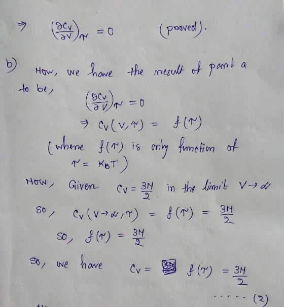 = 0 proved). b) a How, we have the result of pant to be, avr=0 How Given > Cv (VN) = f(n) (where f() is only function of KBT