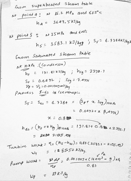 at and for at 15 MPa Turbine work - na (ns-hos) = 0.87 (3583.1 - 2105 49) from supe & heated steam table at point a: 15.2 MPa