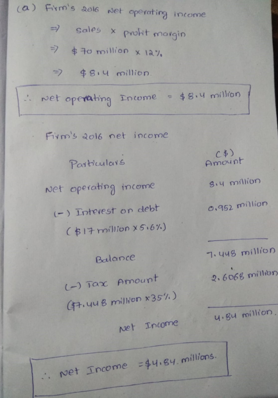 (a) firms 2016 wet operating income = sales & profit margin → $ 70 million x 12% >> $8.4 million. .. wet operating Inwme - $