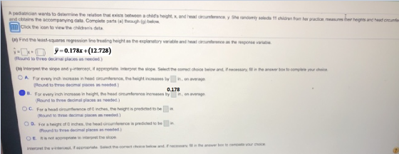 and head circumferencey She randomly selects 11 children from her practice measures their heights and head circum A pediatric