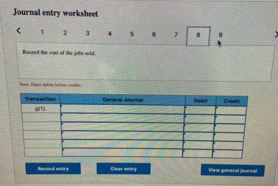 Journal entry worksheet < 1 2 3 4 5 Record the cost of the jobs sold. Note: Enter debits before credits Transaction g(1). Gen