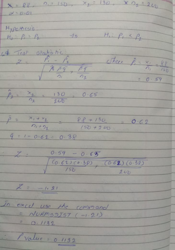x 88 D, 150 x = 130 XD = 24 Hypothesis we Test Statistic P ni 150 = 0.59 130 0.65 200 - 0.62 P = x + x2 88 +130 Dit D2 150+2w