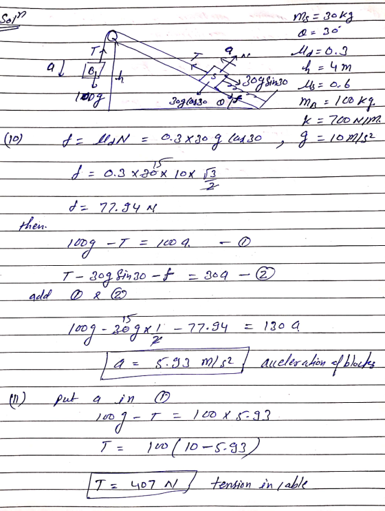 Soll Ms = 30kg = 30° Th th al 10 Toog 30g (ongo 0 Ma=0.3 ch=4m 30g Sin30 ls= 0.6 ma Ke 700NIM g = 10 m/s2 = 100 kg (10) &= ll