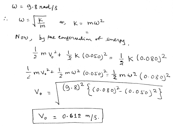 - W=9.8 readis iw=flt a K= mc2 Now, by the conservation of energy mvut șik (0.050)2 = K (0.08032 1 m v. ² + 1/2 mw? (0.050)?