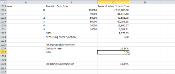 A B Project L Cash flow 3 1015 Year 1016 1017 1018 1019 1020 1021 1022 1023 1024 1025 1026 1027 1028 1029 1030 Present value
