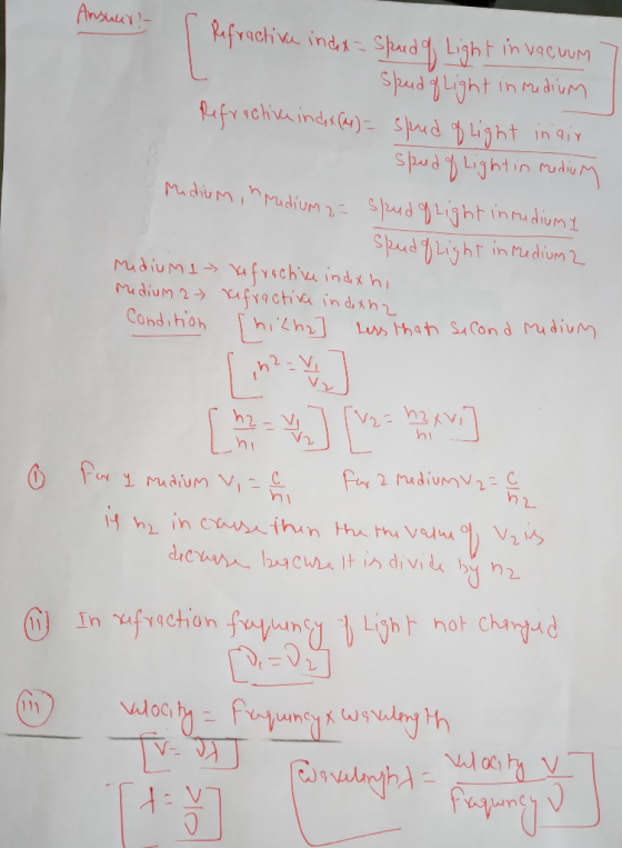 Ansuur? Refractive index = spaud of Light in vacuum Spud of light in medium Refractive index (ay) = spred of light in air spe