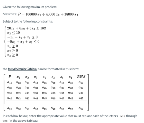 Given the following maximum problem: Maximize: P = 100000 x1 + 40000 32 + 18000 3 Subject to the following constraints: 20:01