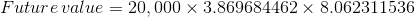 Future\, value=20,000\times 3.869684462\times 8.062311536