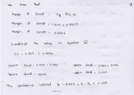 We know that Margin of Error = Z SE P.-P2 Margin of Erman 1.645 x 0.00037 Margin of Error = 0.000 6 Substitute the valies in