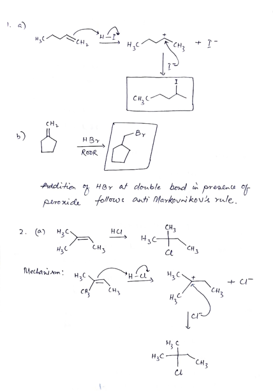 I. a) Womenten usman 2 HI HIMCHA N CH, + I HBY ROOR Addition of HBr at double bond in presence of peroxide follows anti Marko