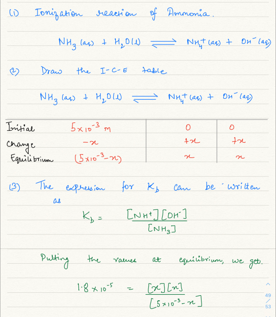 CD Ionization reaction of Ammonia . NH₃ laq) + H₂011) NH+ (aq) + On (aq) Draw the I-c-E table NH3 laq) + H₂0 (1) NHut (aq) +